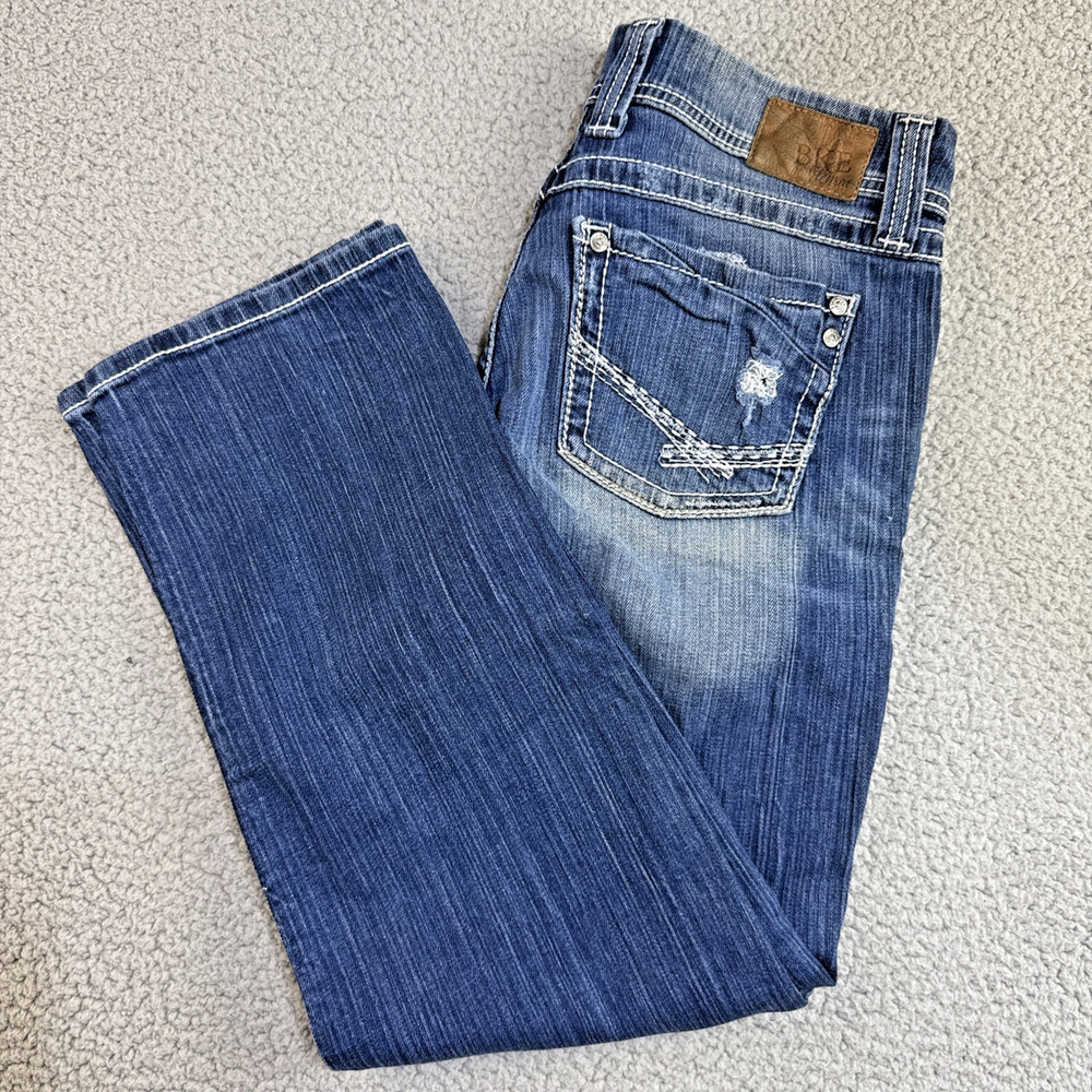 BKE Culture Stretch Bootcut Crop Jeans Size 31 Dark Wash Distressed Denim 32X27